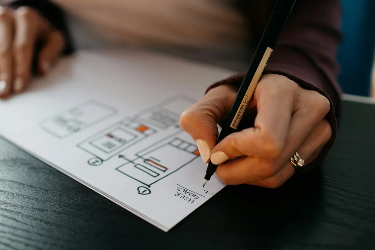 UX wireframes sketched on paper
